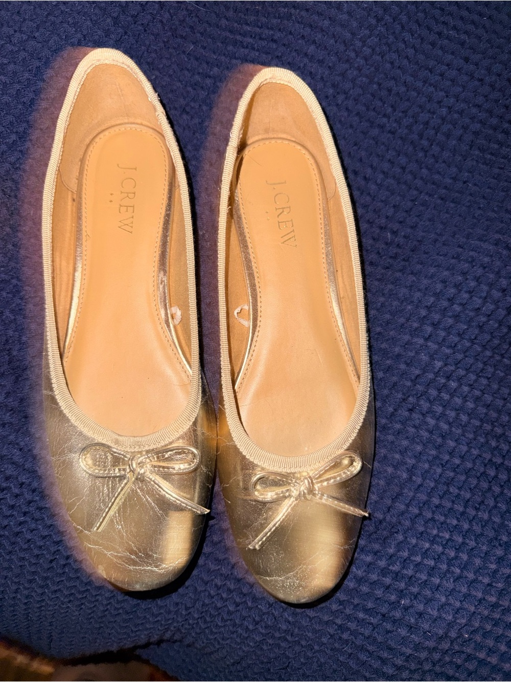 J. Crew Factory Metallic Gold Ballet Flats with Bow Trim